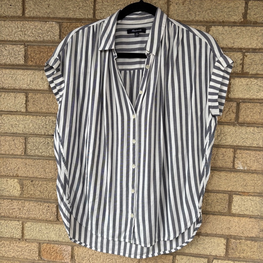 Madewell Navy and White Striped Cap-Sleeve Button-Down Shirt